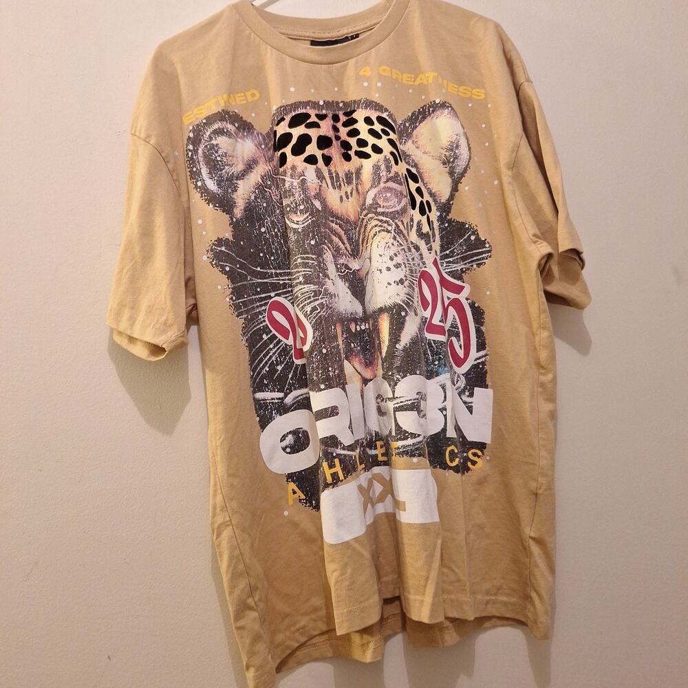 Orig3n Athletics T-shirt 2025 Leopard Art On Tan Short Sleeve. Large
